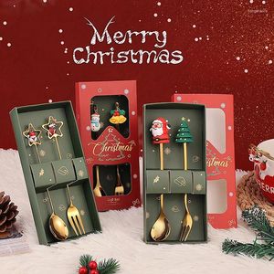 Zestawy naczyń obiadowych 2PCS Świąteczna łyżka ze stali nierdzewnej i widelca kreskówka Śliczna zabawa