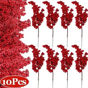 Decorative Flowers 10/1Pcs Artificial Christmas Red Berries Simulation Foam Branches For Year Party DIY Wreath Xmas Tree Decorations
