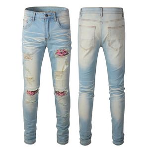 USA Fashion Youth Retro Hole Pants barn tvättade lapp Slim fit mager jeans rip amiryes man plus storlek ljusblå