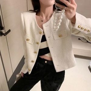 QWeek Korean Tweed Jackets Women Overized Single Breaste Woolen Short Coats Autumn Spring Spring Vintage Crop Frop 240104