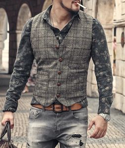 Colete de negócios vintage masculino xadrez clássico casaco tweed fino ajuste formal para padrinhos de casamento 240104