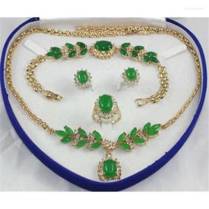 Colar brincos conjunto verde jade 18k banhado a ouro jóias pulseira anel para mulher