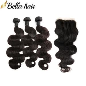 Wefts Malaysian Hair Bundle with Body Wave未処理の人間のバージンヘアWeft Extensions 4x4 3部品レース閉鎖4pcs/lot dhl be