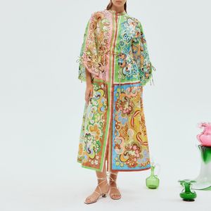 australian designer dress Cotton standing collar bell sleeved floral printed shirt dress