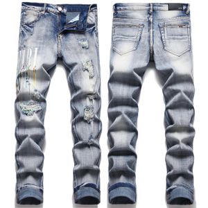 Högkvalitativ mäns Slim-Fit Stretch Blue Jeanslight Luxury Hole Ripped Decorating Hip Hop Jeansstylish Sexy Street Jeans; 240104