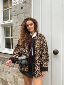 Vintage leopardo impressão reversível lã casacos feminino oneck único breasted bolsos jaquetas de lã outono inverno feminino streetwear 240104