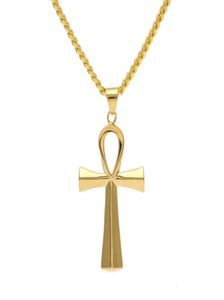 NUOVA Collana Ankh in acciaio inossidabile Gioielli egiziani Ciondolo Hip Hop Ghiacciato Chiave d'oro per la vita Collana egiziana Catena da 24 