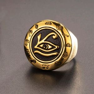 Mens 14K Gold Egypt Eye of Horus Ring Gold Round Top Signet Protection Symbol Jewelry for Man