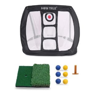 Pop-Up-Golf-Chipping-Netz, Dual-Rasen-Schlagmatte mit 3 Gummi-Tees, kombiniert mit 6 Trainingsbällen zum Üben, 240104
