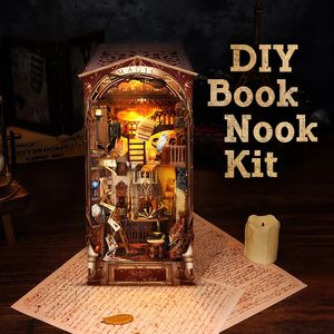 DIY Kitap Nook Kit Kitaplık Eklentisi Mini Bebek Evi 3D Ahşap Puzzle Zanaat Yetişkin ve Gençlik Hediye Kütüphanesi Dekorasyonu için Uygun LED Işık 240105