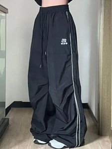 Houzhou preto perna larga pára-quedas calças femininas vintage 90s oversized calças casuais feminino gorpcore harajuku moda streetwear 240105