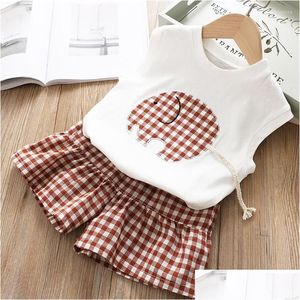 Kläder sätter dce amor flickor kläder sommar barn set elefant ärmlös t-shirt pläd shorts 2pc kläder droppleverans dhr32