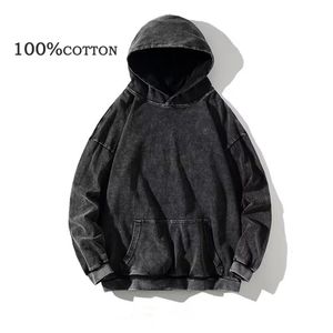 100% Cotton Men's Clothing Vintage Black Acid Wash Hoodies Men Women Oversized Hip Hop Sweatshirts Casual Pullover Y2K Clothes 240105