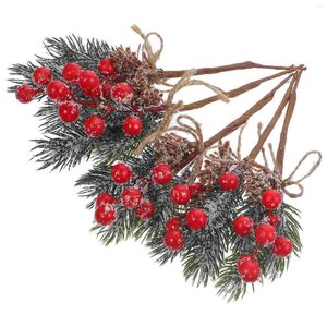 Dekorativa blommor 5st Diy Christmas Frosted Pine Branches Red Berries and Floral Pick Decor
