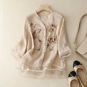 Vestidos de algodão linho camisas femininas verão 2023 novo bordado estilo chinês blusas soltas mangas curtas topo roupas vintage ycmyunyan