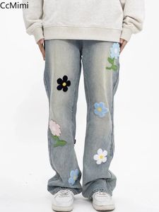 Harajuku Vintage Flower Embroidery Patch Straight Tube Jean's Autumn and Winter Wash Loose Wide Leg Floor Towers 240104