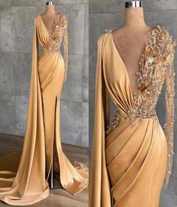 Vintage Gold Long Sleeve Evening Dresses Formal Occasion Women Dress Mermaid V Neck Sexy Beads Sequined Party prom Gowns1947243