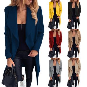 Women's Jackets Women Long Coat Wool Jacket Formal Office Lady Solid Slim Belt Rose Yellow Khaki Winter Turn Down Collar