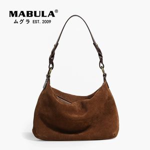 MABULA Vintage Braun Echtes Wildleder Damen Umhängetaschen Große Kapazität Tragetasche Hochwertige Mode Hobo Handtaschen Ledergriff 240104