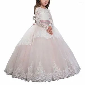 Vestidos de menina lindos vestidos de comunhão mangas compridas babados rendas apliques feitos à mão curvas de natal meninas rosa tule vestidos de baile