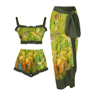 Kjolar vintage mode blommor oljeavtryck baddräkt set 2022 sexig låg midja shorts bourkini kvinnor sträng baddräkt sexig bikini