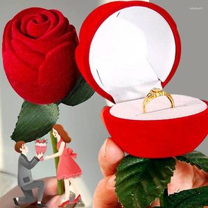 Sacchetti per gioielli Scatola per anelli di rose romantiche Porta floccaggio di fiori Velluto Matrimonio Proporre Fidanzamento Custodia regalo per San Valentino