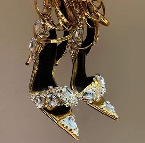 designers klär metallisk kristall utsmyckad ankel-slips sandaler klackade stilett klackar för kvinnor fest kvällskor öppen tå kalv spegel läder sandl