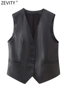 Zevity Women Fashion V Neck Single Breasted Faux Leather Slim Vest Jacket Office Lady WaistCoat Fake Pocket Tops CT5312 240105