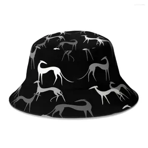 Beretler Siyah Geryhound Greyhounds Köpek Doge Doge Uzun Bacak Kova Şapkası Kadınlar Erkekler Katlanabilir Bob Fishing Hats Panama Cap