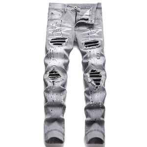 2023 de alta qualidade dos homens casuais jeans preto pintura magro buraco reto motociclista outono jean homme masculino calças jeans 240104