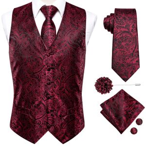 Hi-Tie Silk Mens Vests Jacquard Waistcoat Neck Tie Hanky ​​Cufflinks Brooch Set For Men Suit ärmlös jacka Bröllopsföretag 240104