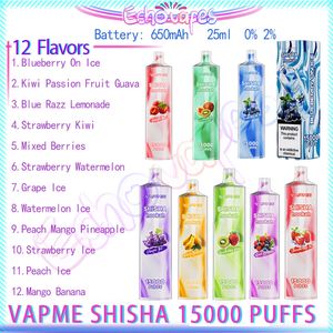 Original VAPME SHISHA Shisha 15000 Puff Einweg-Vape-Stift, elektronische Zigaretten, 25 ml Pod, Mesh-Spule, 650 mAh, wiederaufladbar, luftverstellbares Gerät, Puff 15k, 12 Geschmacksrichtungen