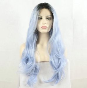 Wigs Fantasy Beauty Fantasy Beauty Dark Root Ombre Pastel Blue Heat Resistant Fiber Hair Long Nature Wave Light Blue Synthetic Lace Fro