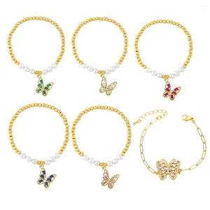 Charme Pulseiras Elegante Banhado A Ouro Cor Zircon Oco Borboleta Bead Chain para Mulheres Ajustável Inseto Pérola Pulseira Jóias Presente de Festa