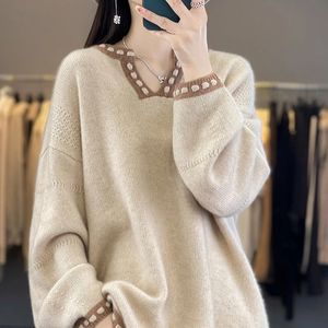 100% Wool Womens Soft Cashmere Sweaters Knitting Pullovers Long Sleeve Loose Style High Quality HL01 Winter 240105