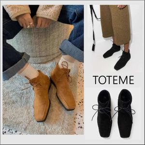 Toteme winter Purchase and TOTEME22 autumn new versatile straight leg high cut sheep suede square toe lace up fashionable women's shoes