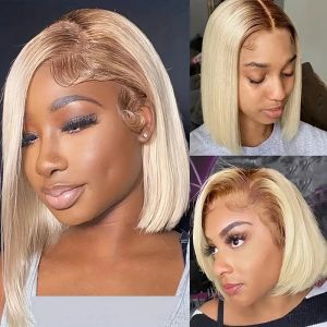 Ombre Blonde Kurze Bob Echthaarperücken Brasilianische Gerade Bob Perücke Vorgezupft 1B/613 Lace Front Perücken 13x4 Synthetische Mischhaarperücke 150 %