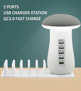 5Port 40W USB QC30 Quick Charge Hub Station 8A Power Adapter Gift USB Organizer Stand Stand مع سطح المكتب Mushroom LAMP1991811