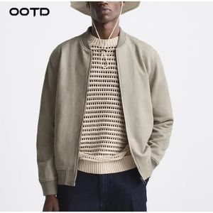 Amerykańskie kurtki dla mężczyzn Casual Bomber Top Oneck Suede skórzane odzież męskie jesień Hhight Jakość zamek błyskawiczny płaszcz męski 240105