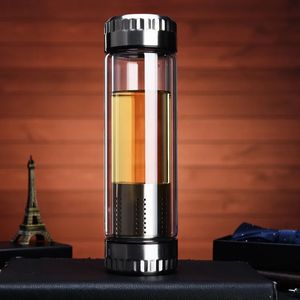 300/400/600ML Glass Water Bottle Stainless Steel Tea Infuser Filter Double Wall Lid Thick Bottom Drinking Office Home Cup Gift 240104