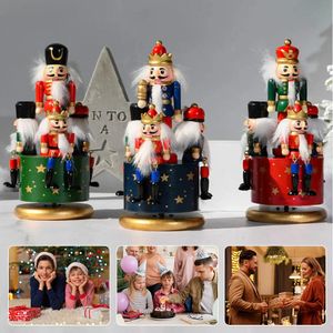 Merry Christmas Nutcracker Puppet Rotating Music Box Antique Carved Wooden Nutcracker Soldier Desktop Ornament Home Decoration 240105