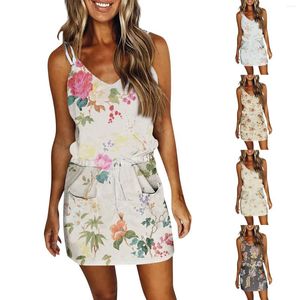 Casual Dresses Women Summer Dress Loose V Neck Floral DrawString Set Short Sleeve Maxi för