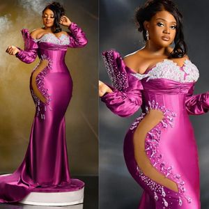 African Nigeria Plus Size Prom Dresses for Special Occasions Mermaid Off Shoulder Illusion Long Sleeves Evening Gown Second Reception Dress for Black Women AM346