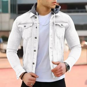 Moda zimowa kurtka dżinsowa mężczyźni jesień męski swobodny z kapturem szwy Slim Cardigan Y2K Solid Kolor Płaszcz górny odzież wierzchnia 240105
