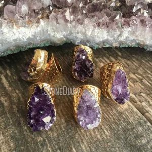 Band Rings RM5765 Cheap Raw Amethyst Crystal Cluster Gold Color Free Form Adjustable Vintage Retro Boho Rings For WomenL240105