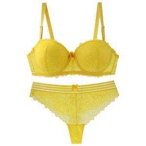 Jaquetas Dainafang New Sexy Lace Floral Bras Set Mulheres Bow Push Up Underwear Amarelo Preto Branco Vermelho Rosa Verde Abcde Cup Lingerie Feminina