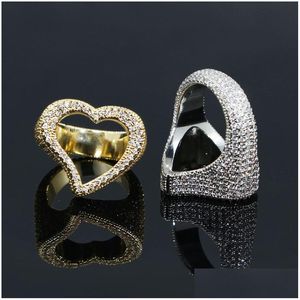 Bandringar Big Heart Ring FL Micro Paled Iced Out Bling Cubic Zirconia Hiphop Lover Luxury Punk Smycken för män och kvinnor släpper DHHFT