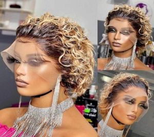 Honey Blonde Brazilian Human Hair Pixie Cut Wigs Short Bob 13X1 Pre Plucked 1b27 Ombre Curly Bob2725574