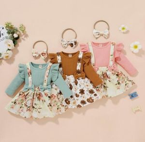 Kleidung Sets Baby Mädchen Einfarbig Kleidung 3 Stück Set Sommer Süße Rüschen Langarm Tops Floral Pritn Rock Stirnband kind Ou8994008