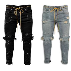 Erkekler kot pantolon yok edilmiş yırtık boya noktası tasarım moda ayak bileği fermuar skinny jeans erkekler için 240105